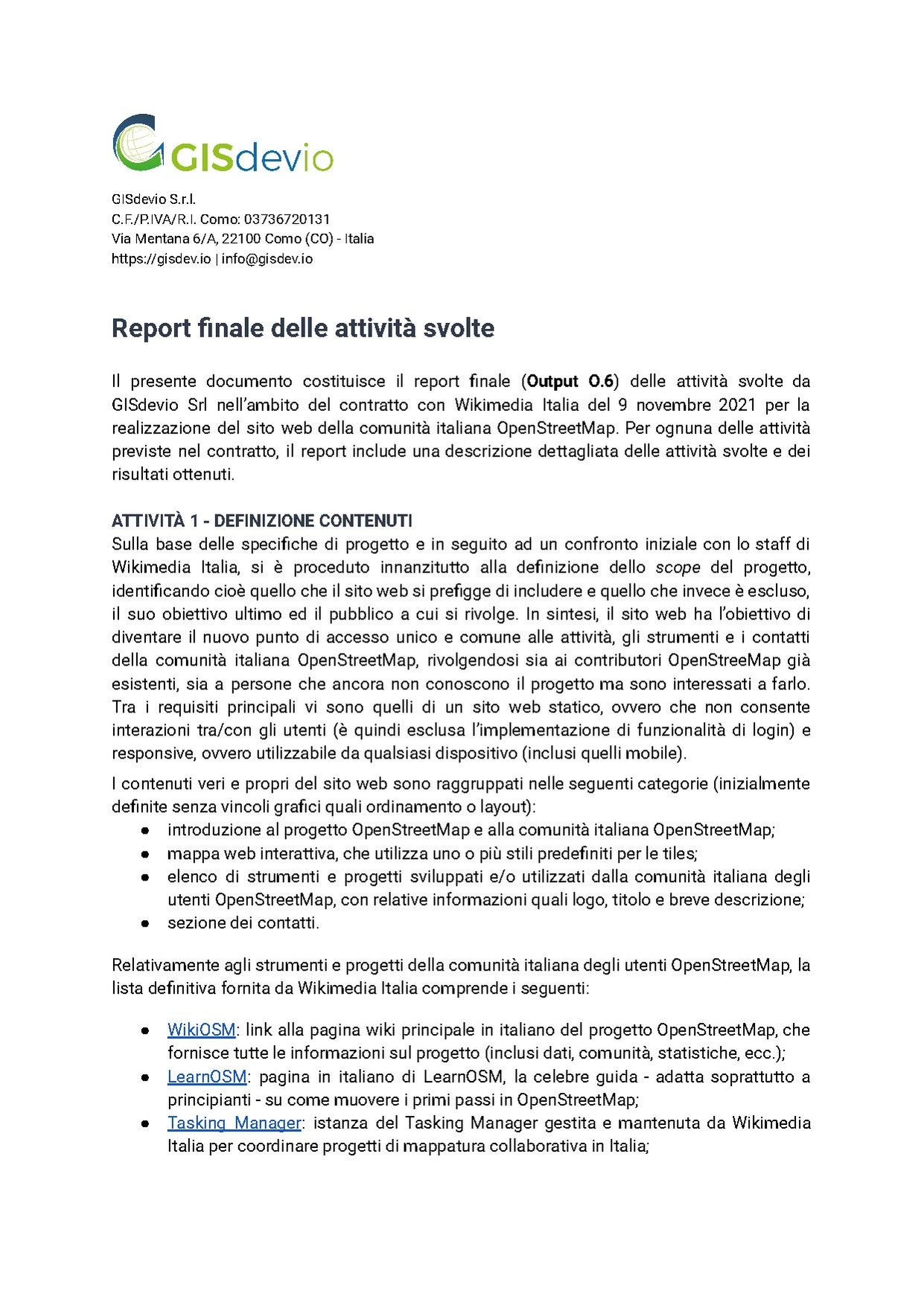 Report creazione sito OSM