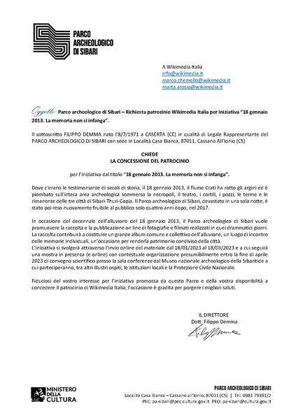 File:Richiesta patrocinio Wikimedia Parco archeologico Sibari 10-01-2023.pdf